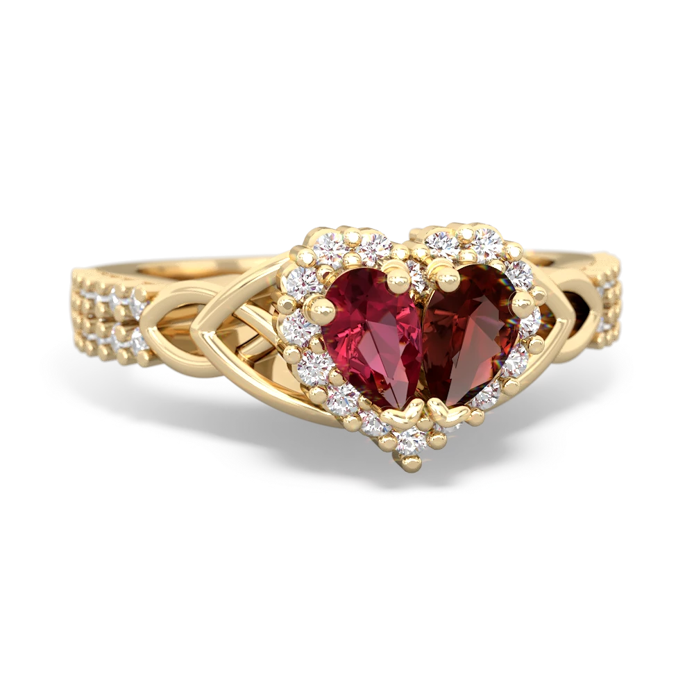 Lab Ruby Celtic Knot Two Hearts As One 14K Yellow Gold ring R2644HRT