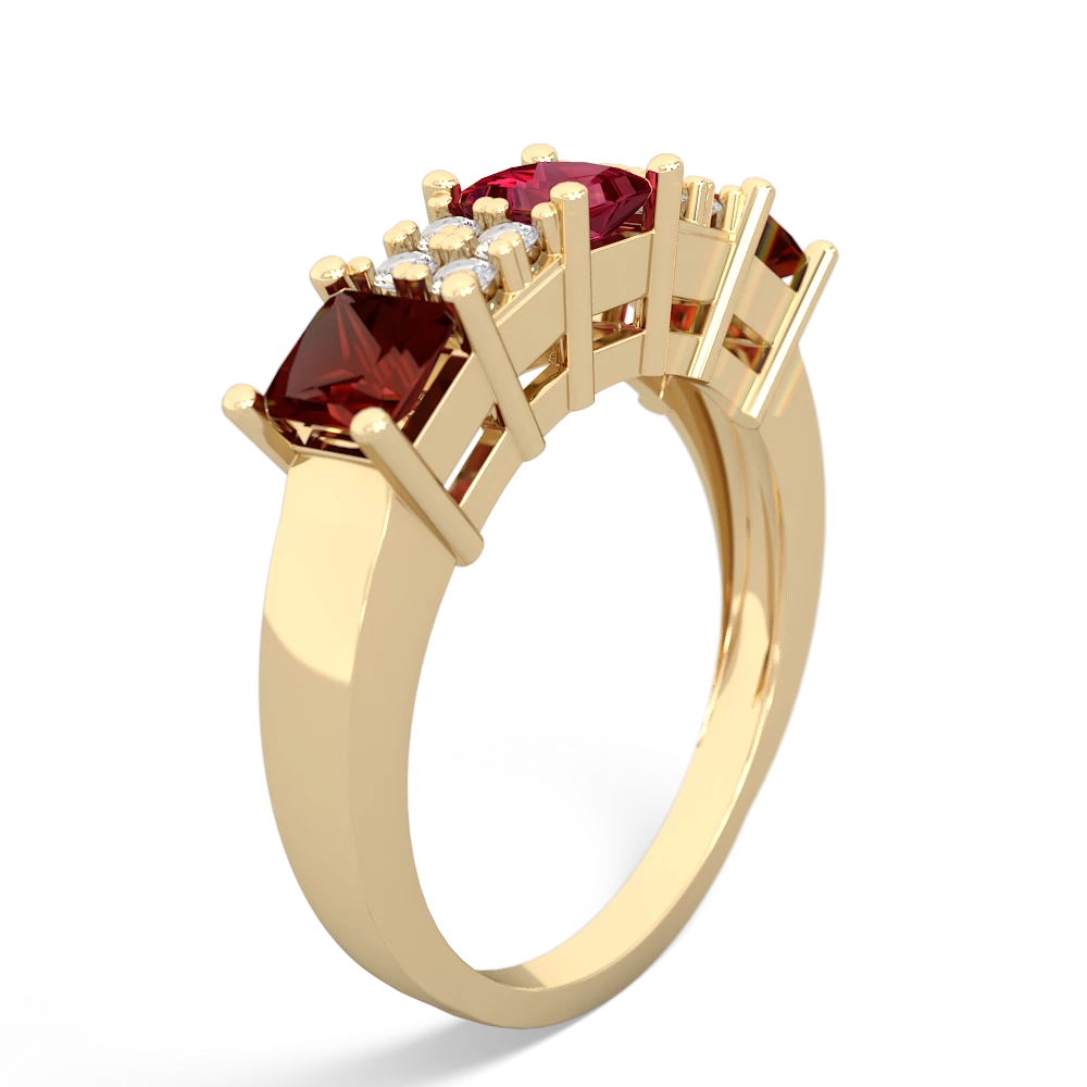 Lab Ruby Three Stone Diamond Cluster 14K Yellow Gold ring R2592