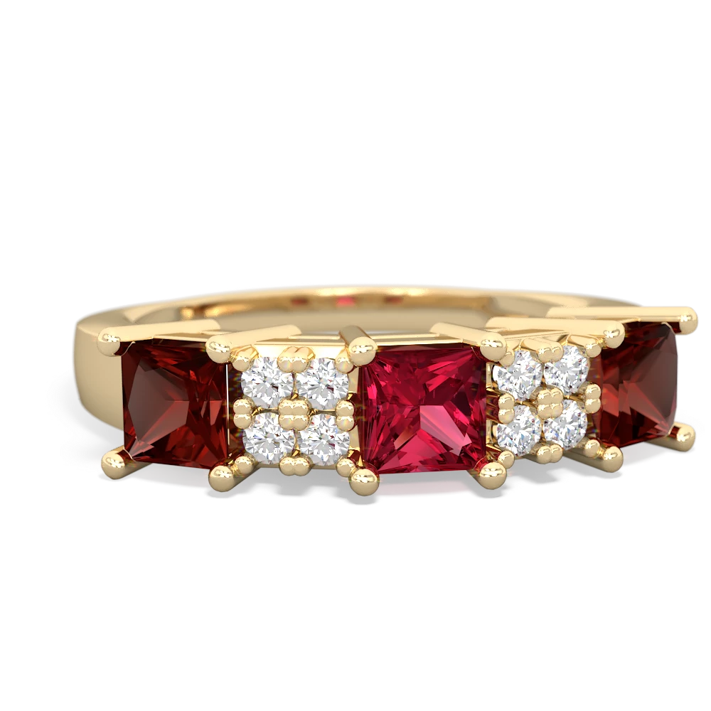 Lab Ruby Three Stone Diamond Cluster 14K Yellow Gold ring R2592