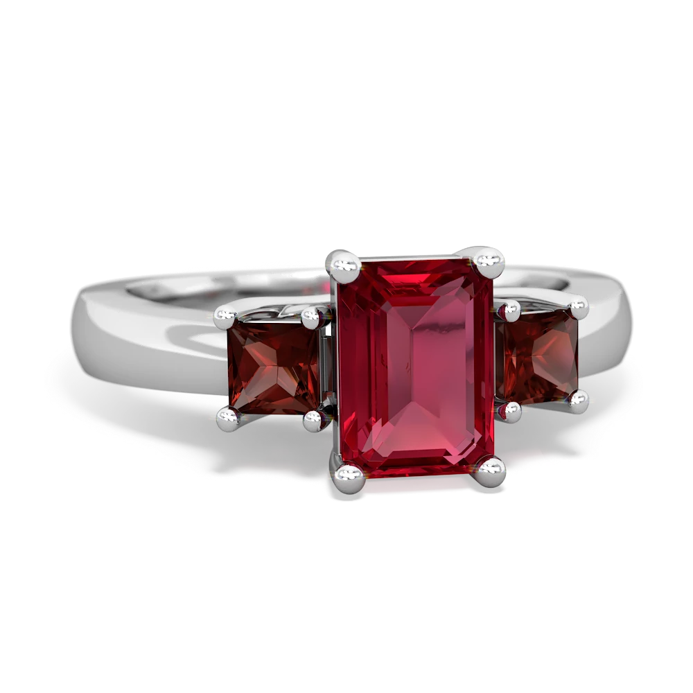 Lab Ruby Three Stone Emerald-Cut Trellis 14K White Gold ring R4021