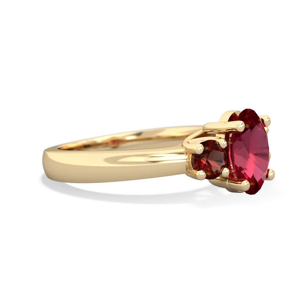 Lab Ruby Three Stone Oval Trellis 14K Yellow Gold ring R4024