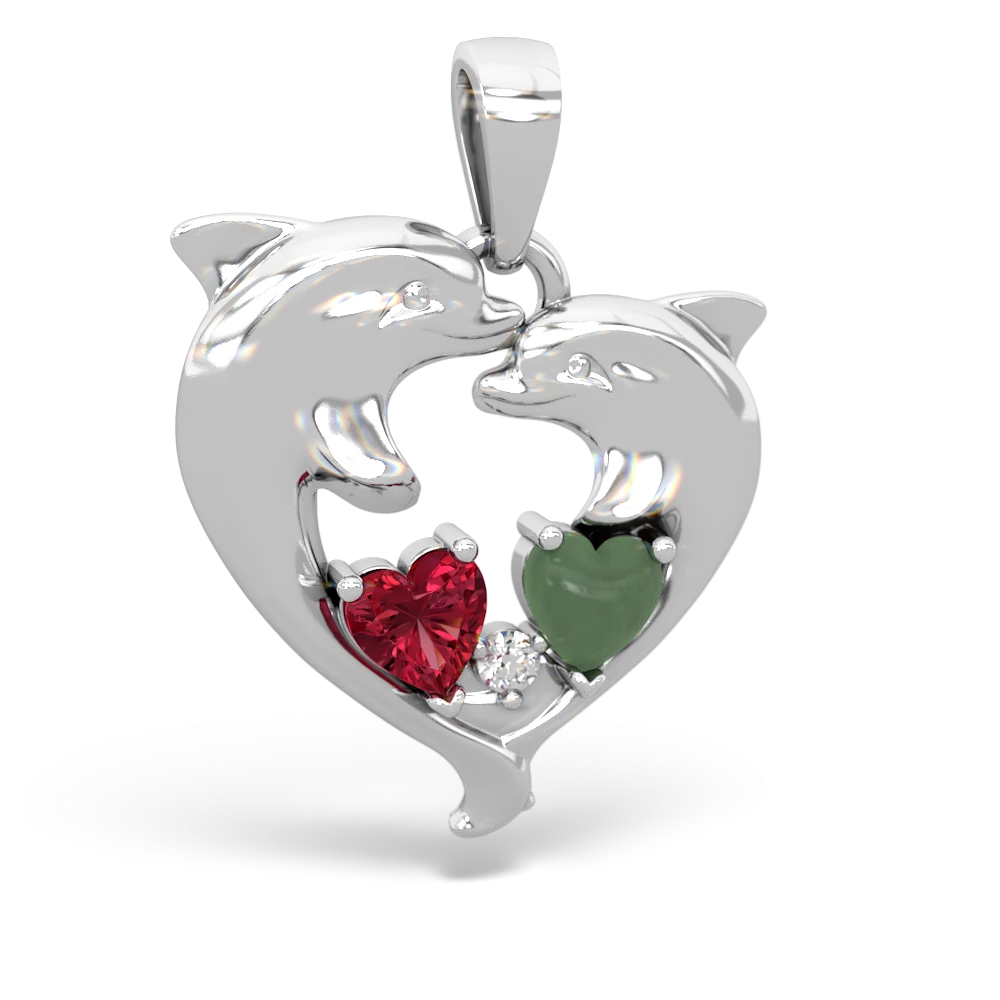 Lab Ruby Dolphin Heart 14K White Gold pendant P5820