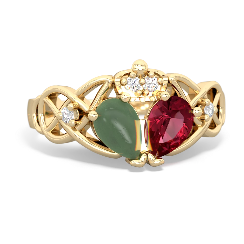 Lab Ruby 'One Heart' Celtic Knot Claddagh 14K Yellow Gold ring R5322