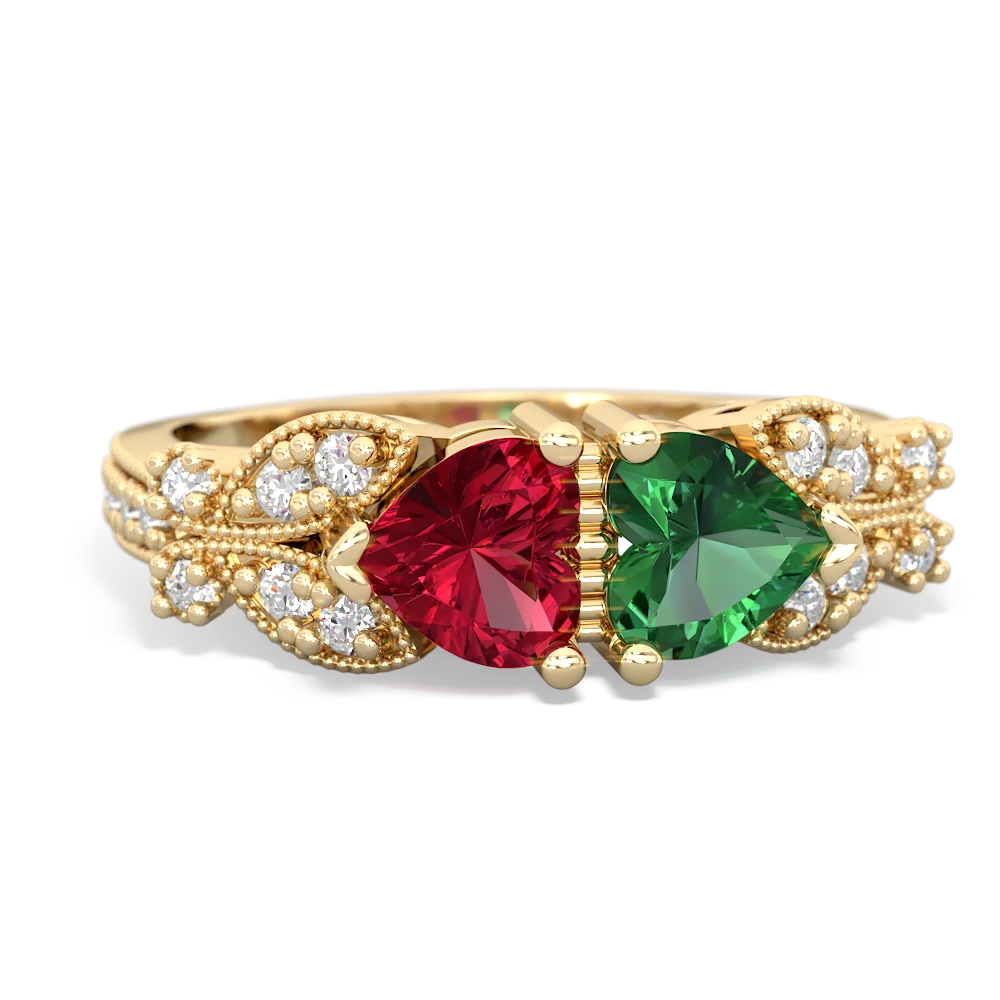 Lab Ruby Diamond Butterflies 14K Yellow Gold ring R5601