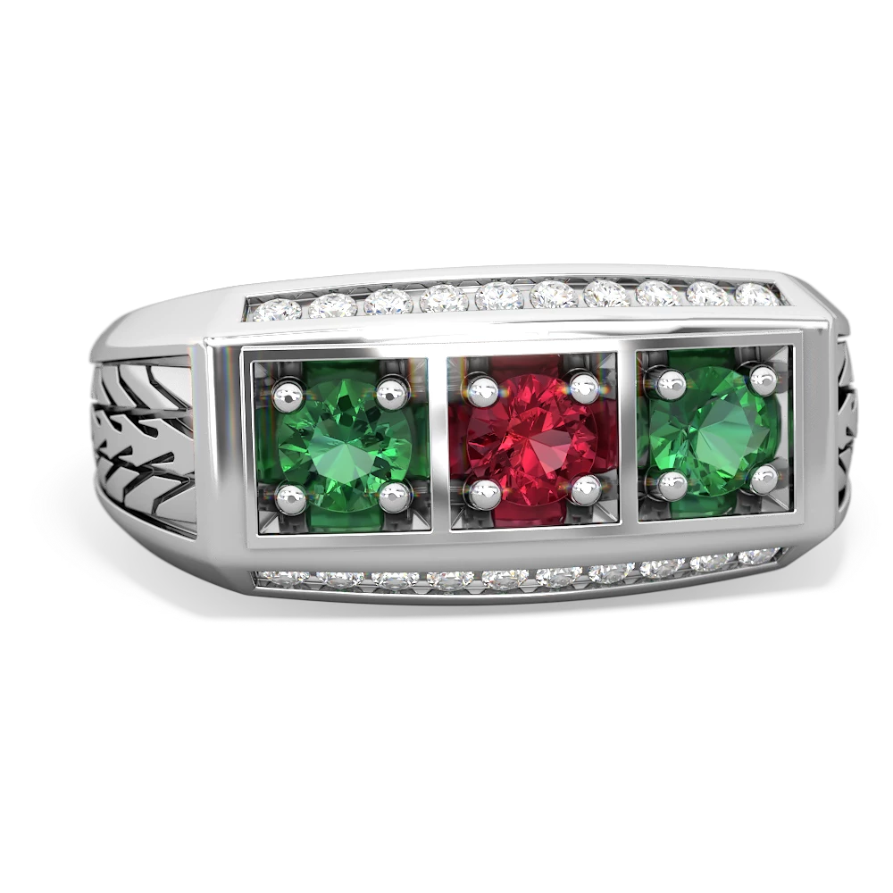 Lab Ruby Three Stone Tire Tread Men's 14K White Gold ring R0520