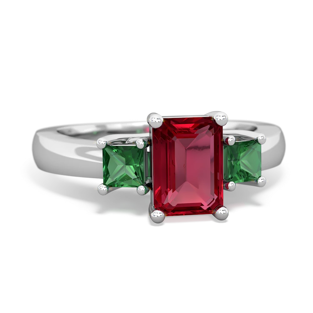 Lab Ruby Three Stone Emerald-Cut Trellis 14K White Gold ring R4021