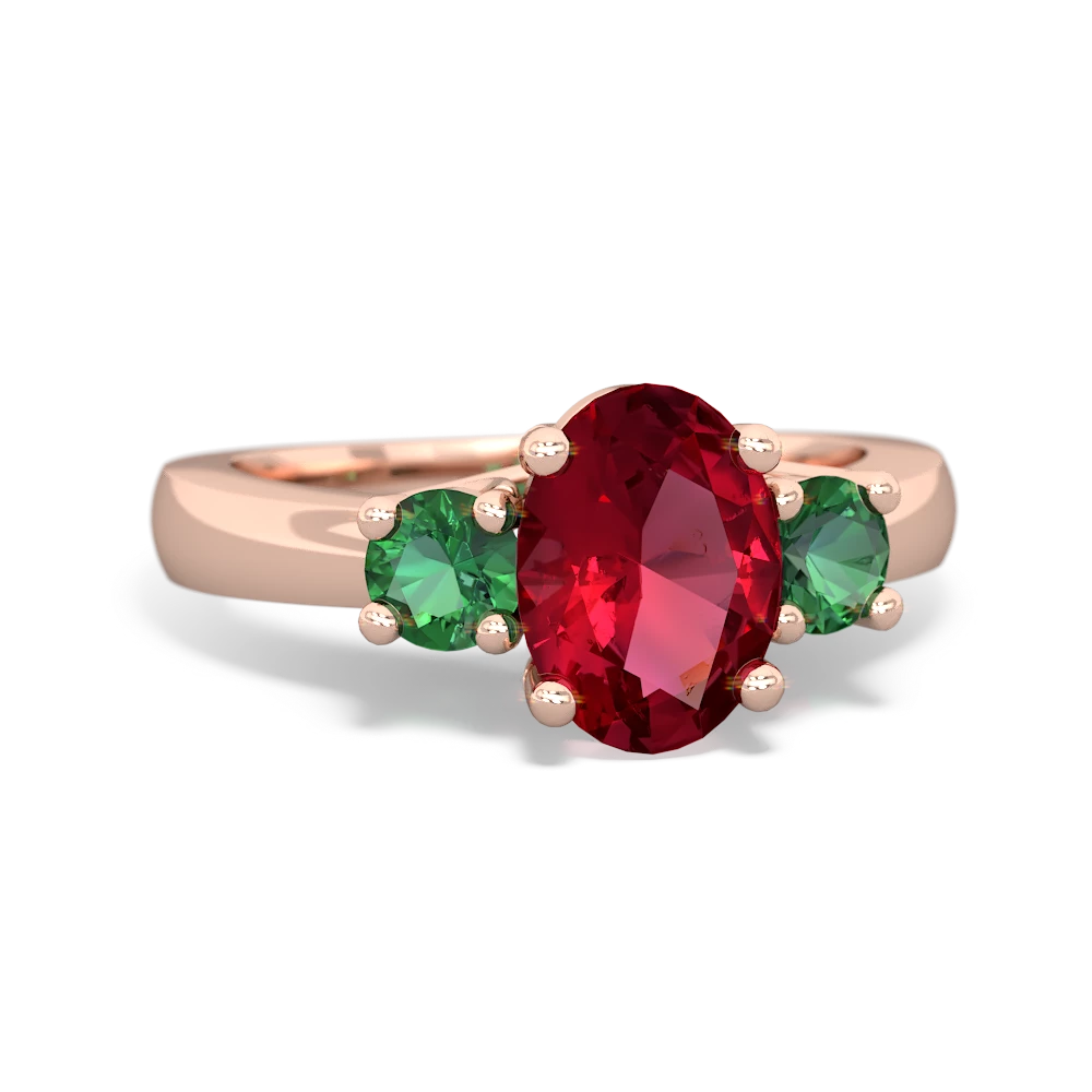 Lab Ruby Three Stone Oval Trellis 14K Rose Gold ring R4024