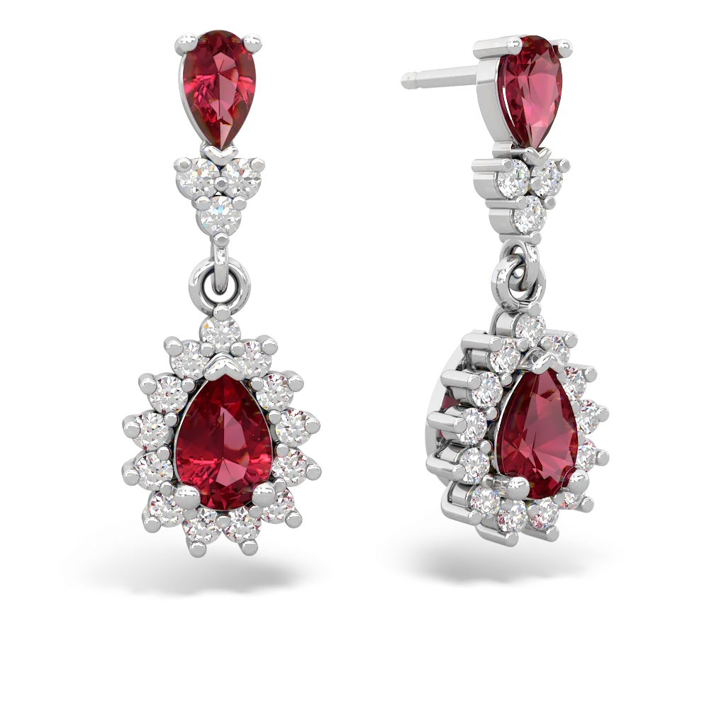 Lab Ruby Halo Pear Dangle 14K White Gold earrings E1882