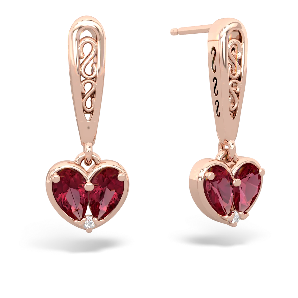 Lab Ruby Filligree Heart 14K Rose Gold earrings E5070