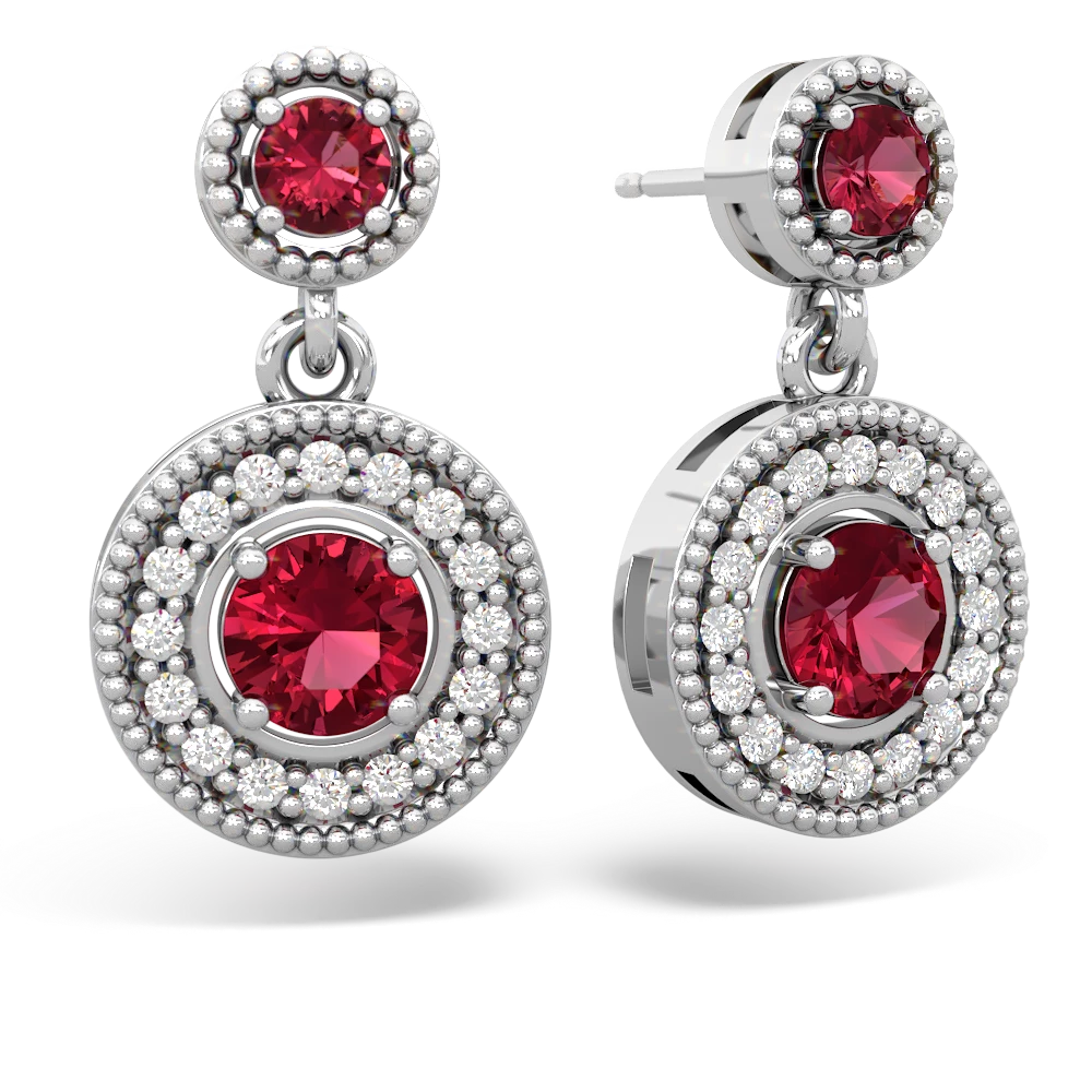 Lab Ruby Halo Dangle 14K White Gold earrings E5319