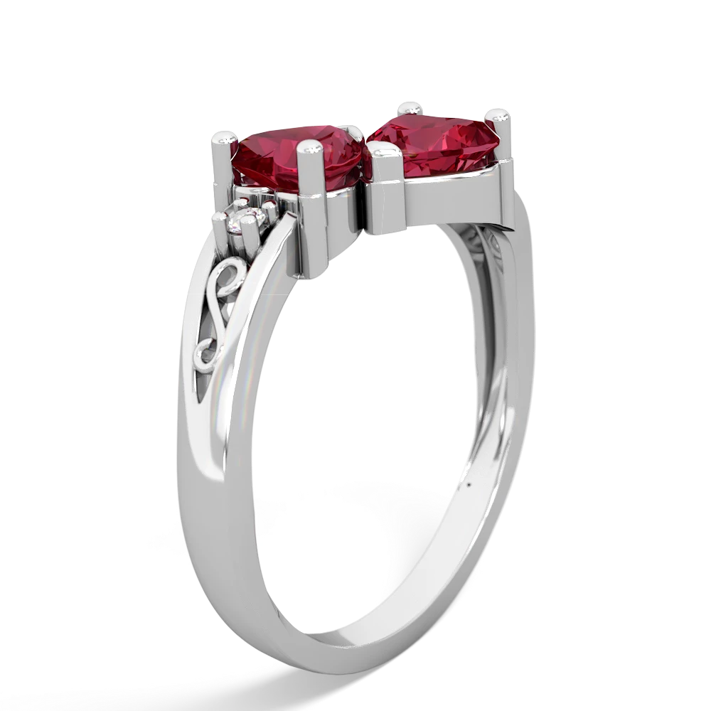 Lab Ruby Snuggling Hearts 14K White Gold ring R2178