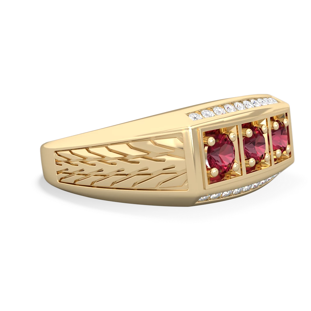 Lab Pink Sapphire Three Stone Tire Tread Men's 14K Yellow Gold ring R0520