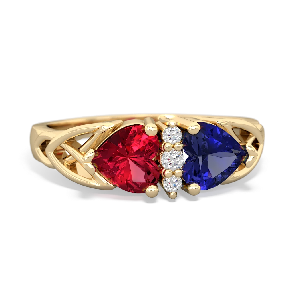 Lab Ruby Celtic Knot Double Heart 14K Yellow Gold ring R5040