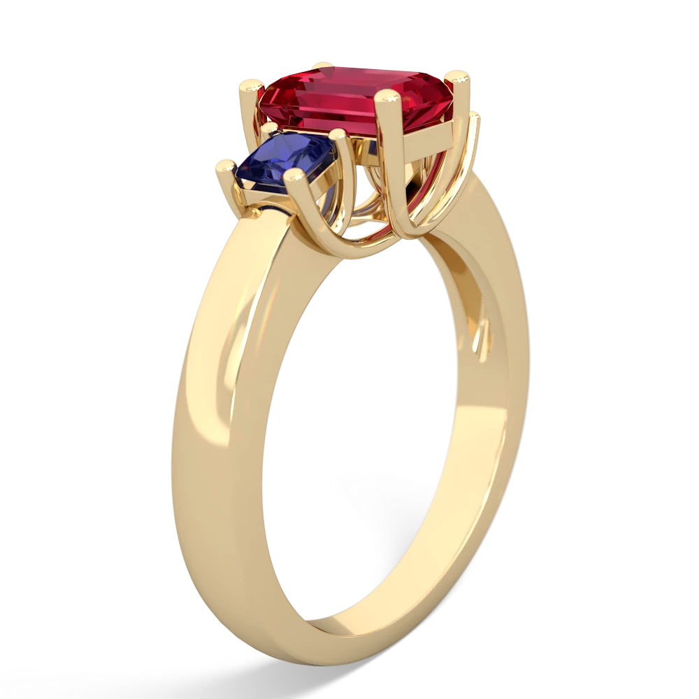 Lab Ruby Three Stone Emerald-Cut Trellis 14K Yellow Gold ring R4021