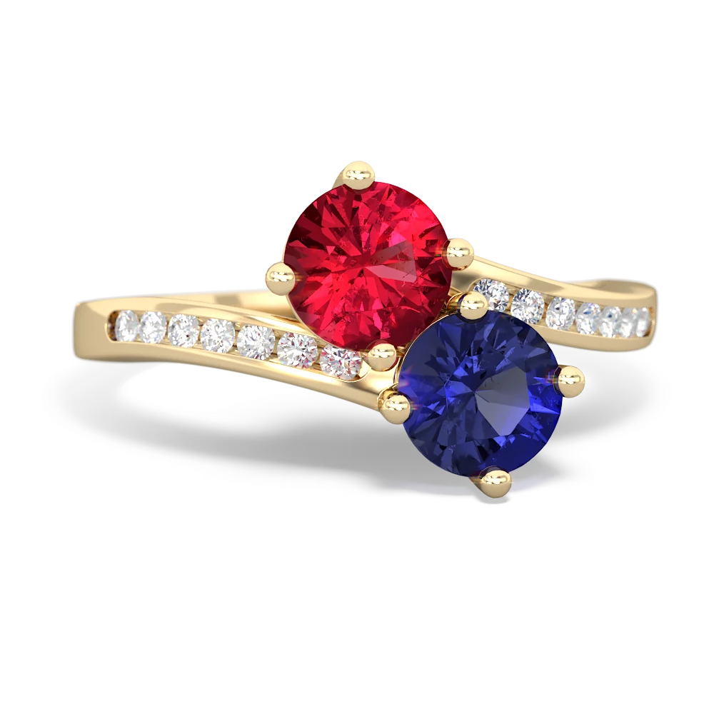 Lab Ruby Channel Set Two Stone 14K Yellow Gold ring R5303