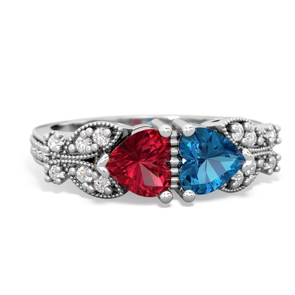 Lab Ruby Diamond Butterflies 14K White Gold ring R5601