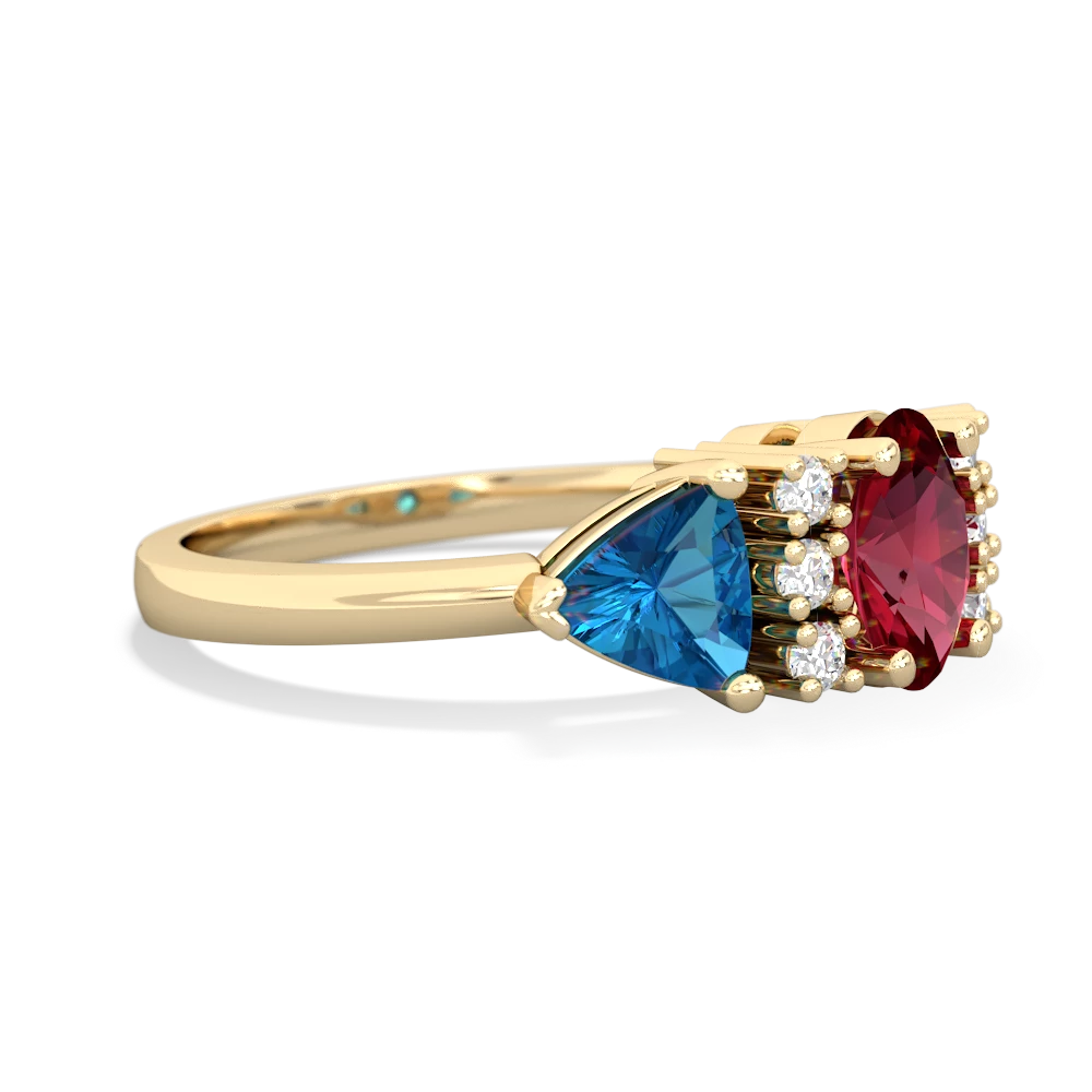 Lab Ruby Antique Style Three Stone 14K Yellow Gold ring R2186