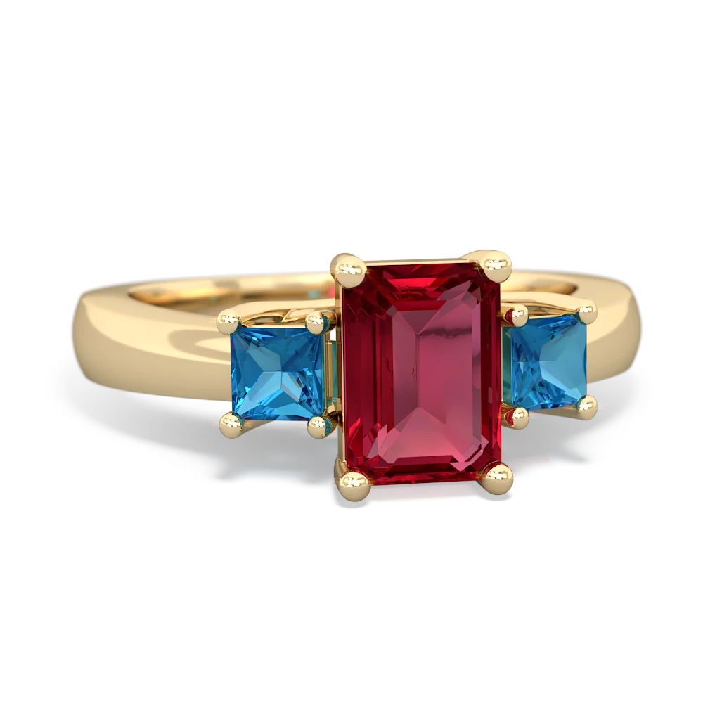 Lab Ruby Three Stone Emerald-Cut Trellis 14K Yellow Gold ring R4021