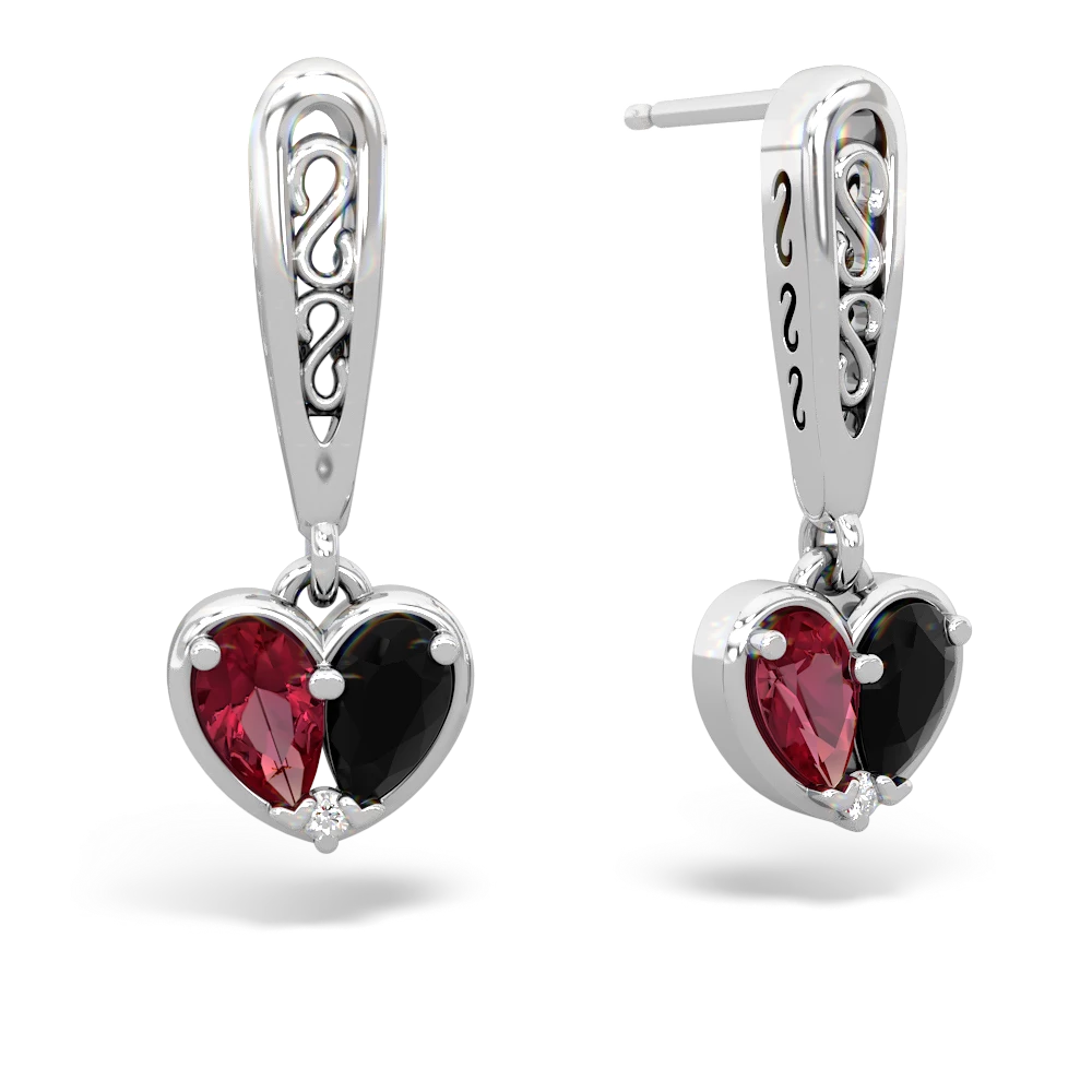 Lab Ruby Filligree Heart 14K White Gold earrings E5070