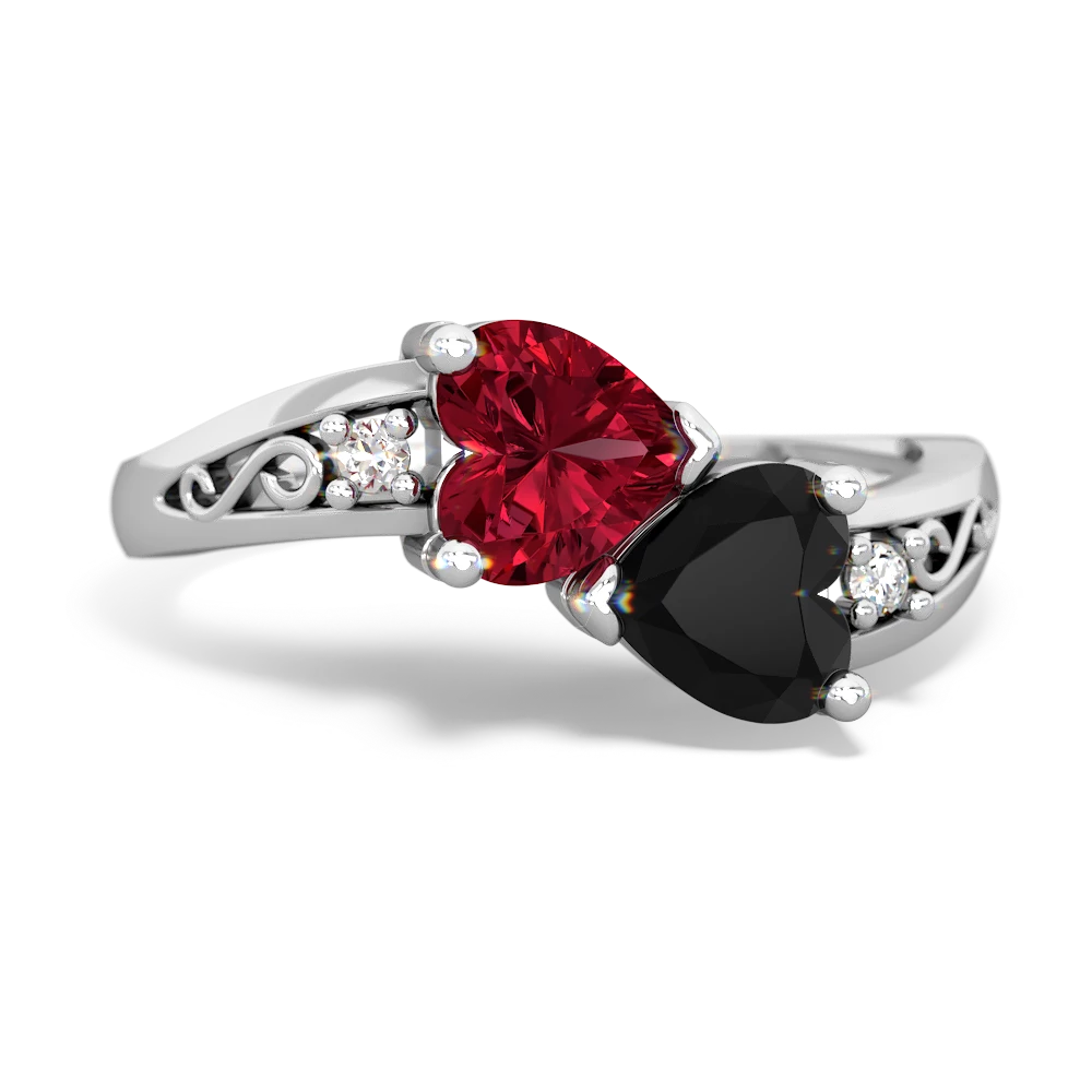 Lab Ruby Snuggling Hearts 14K White Gold ring R2178