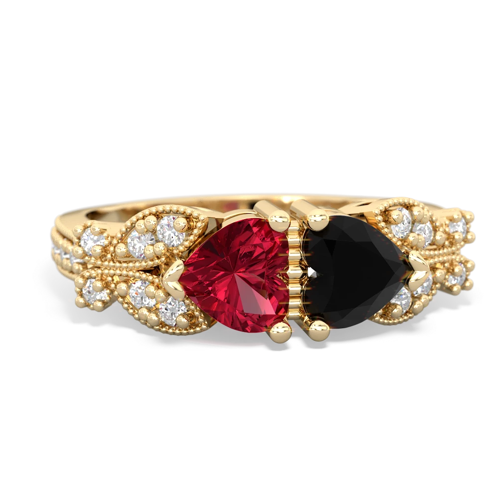 Lab Ruby Diamond Butterflies 14K Yellow Gold ring R5601