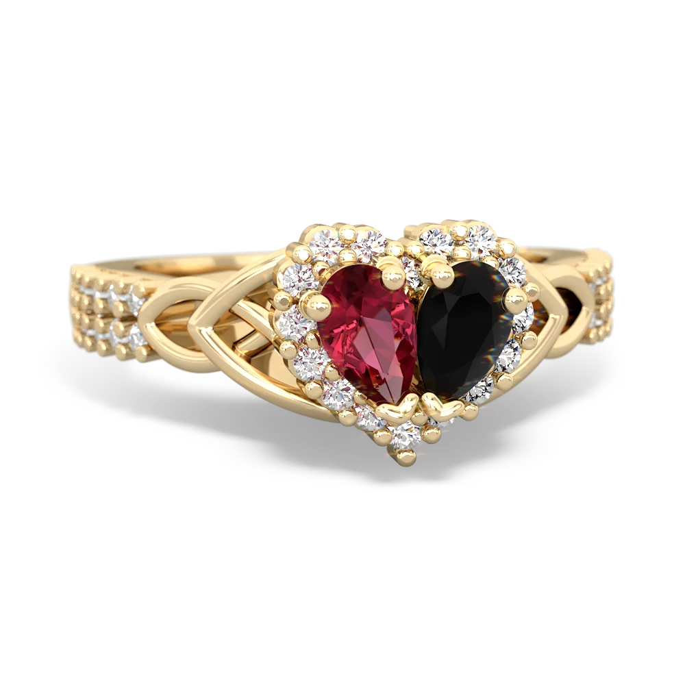 Lab Ruby Celtic Knot Two Hearts As One 14K Yellow Gold ring R2644HRT