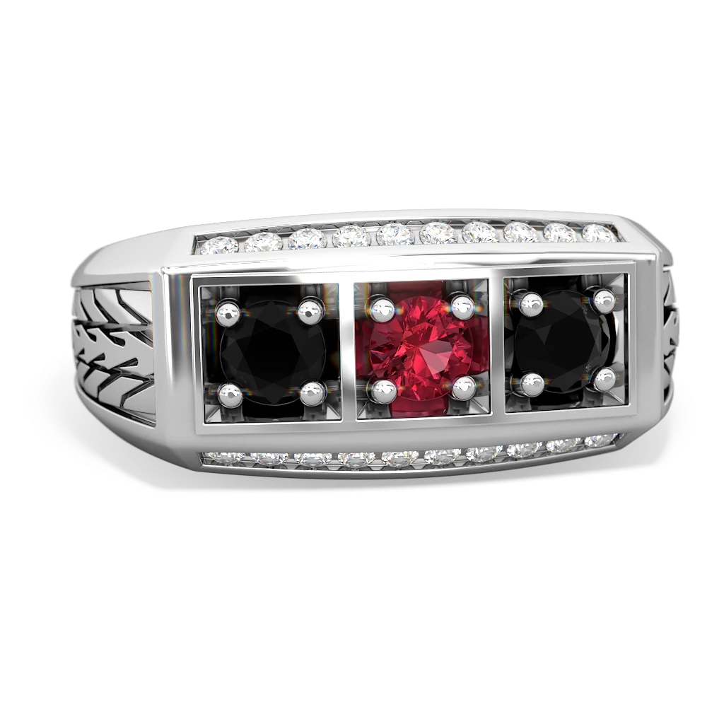 Lab Ruby Three Stone Tire Tread Men's 14K White Gold ring R0520