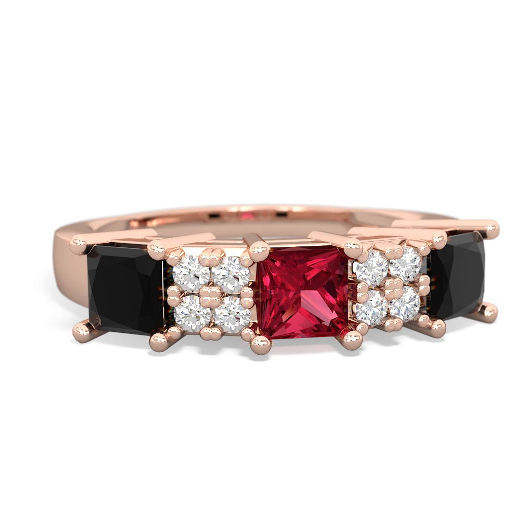 Lab Ruby Three Stone Diamond Cluster 14K Rose Gold ring R2592