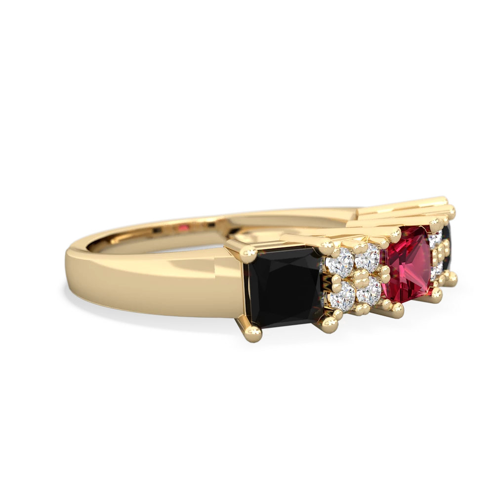 Lab Ruby Three Stone Diamond Cluster 14K Yellow Gold ring R2592