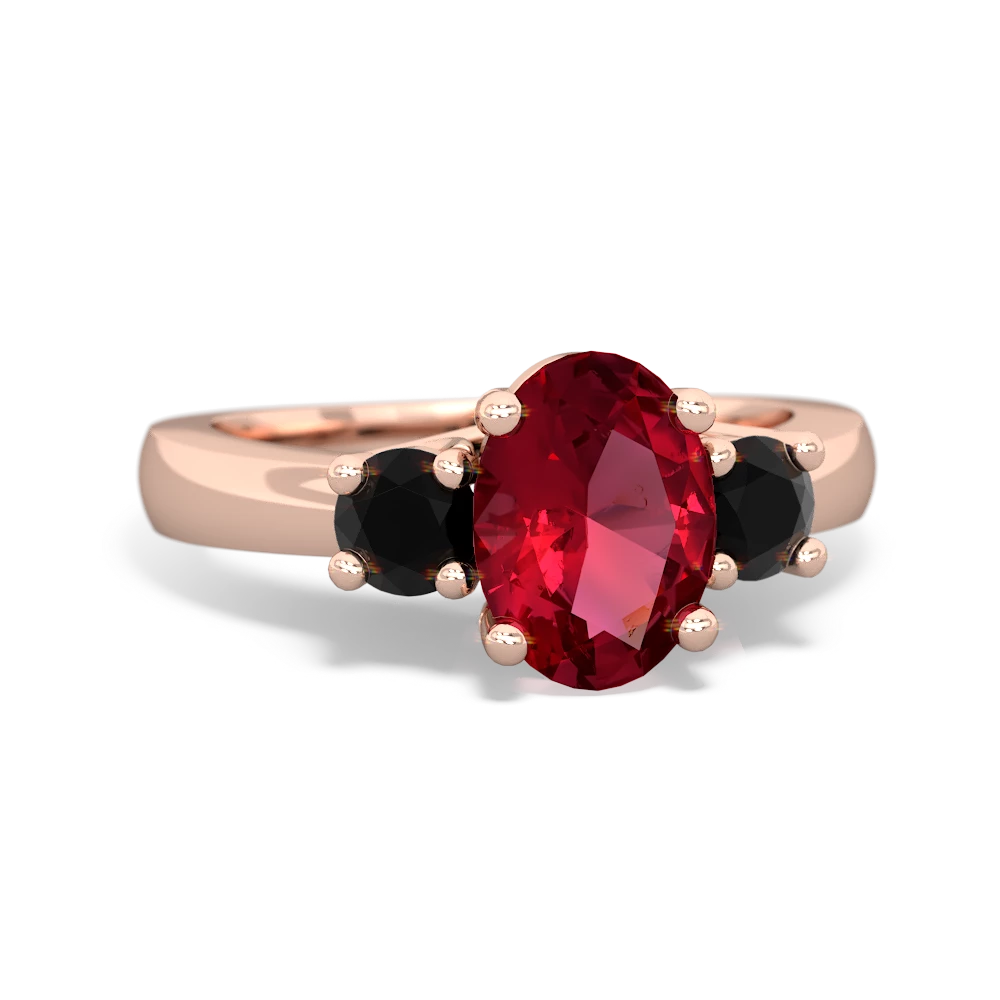 Lab Ruby Three Stone Oval Trellis 14K Rose Gold ring R4024