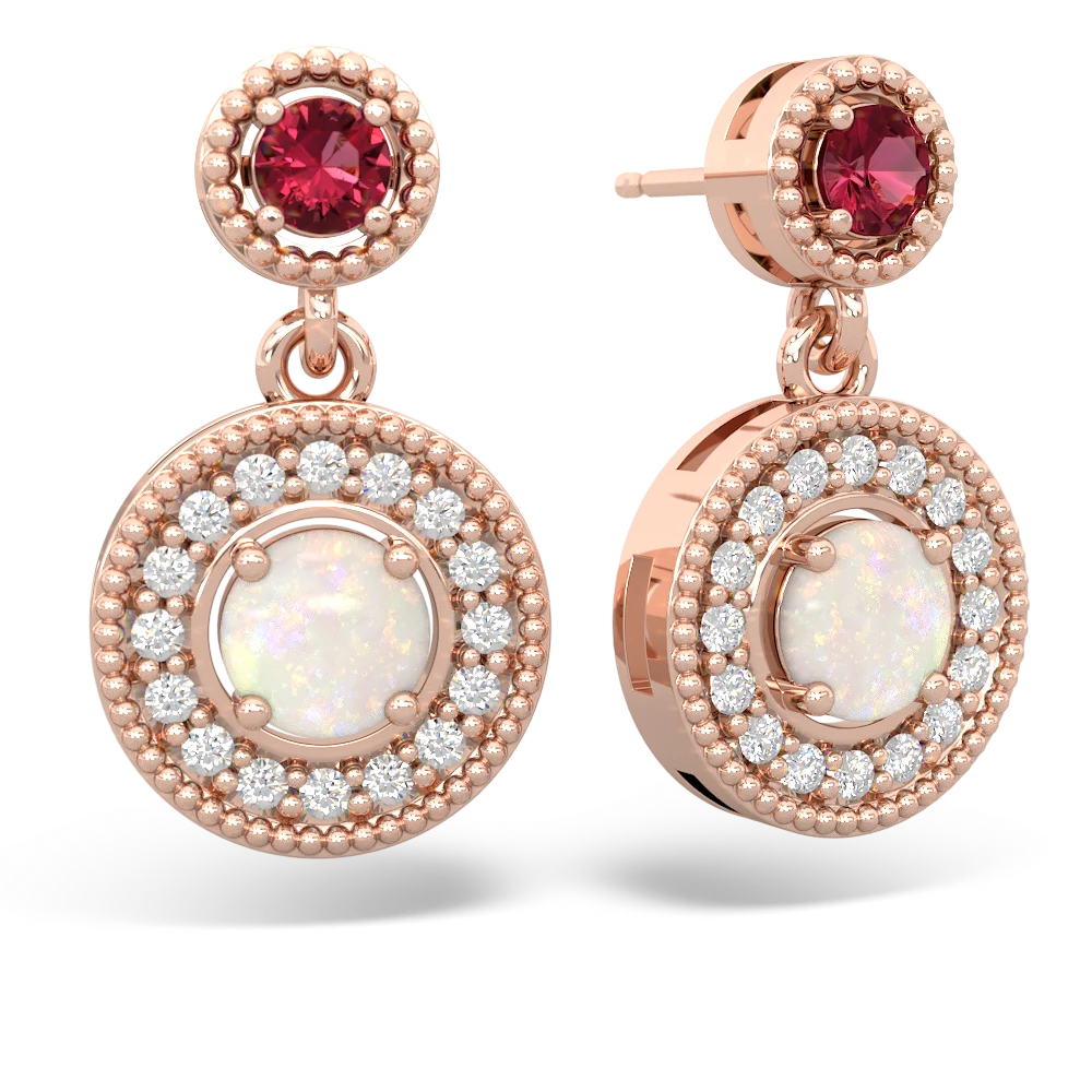 Lab Ruby Halo Dangle 14K Rose Gold earrings E5319