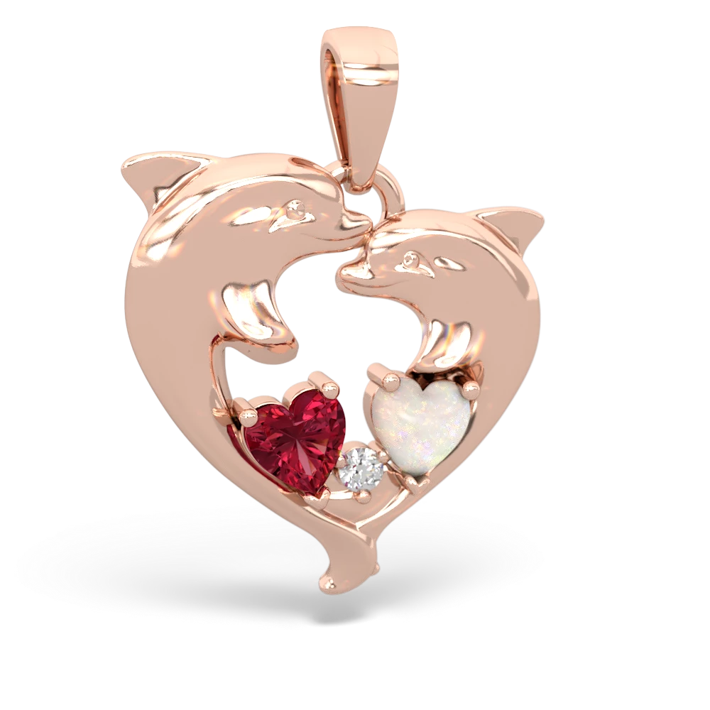 Lab Ruby Dolphin Heart 14K Rose Gold pendant P5820