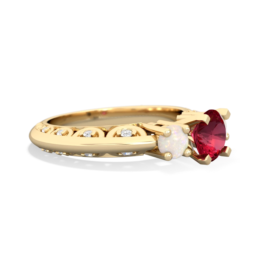 Lab Ruby Art Deco Eternal Embrace Engagement 14K Yellow Gold ring C2003