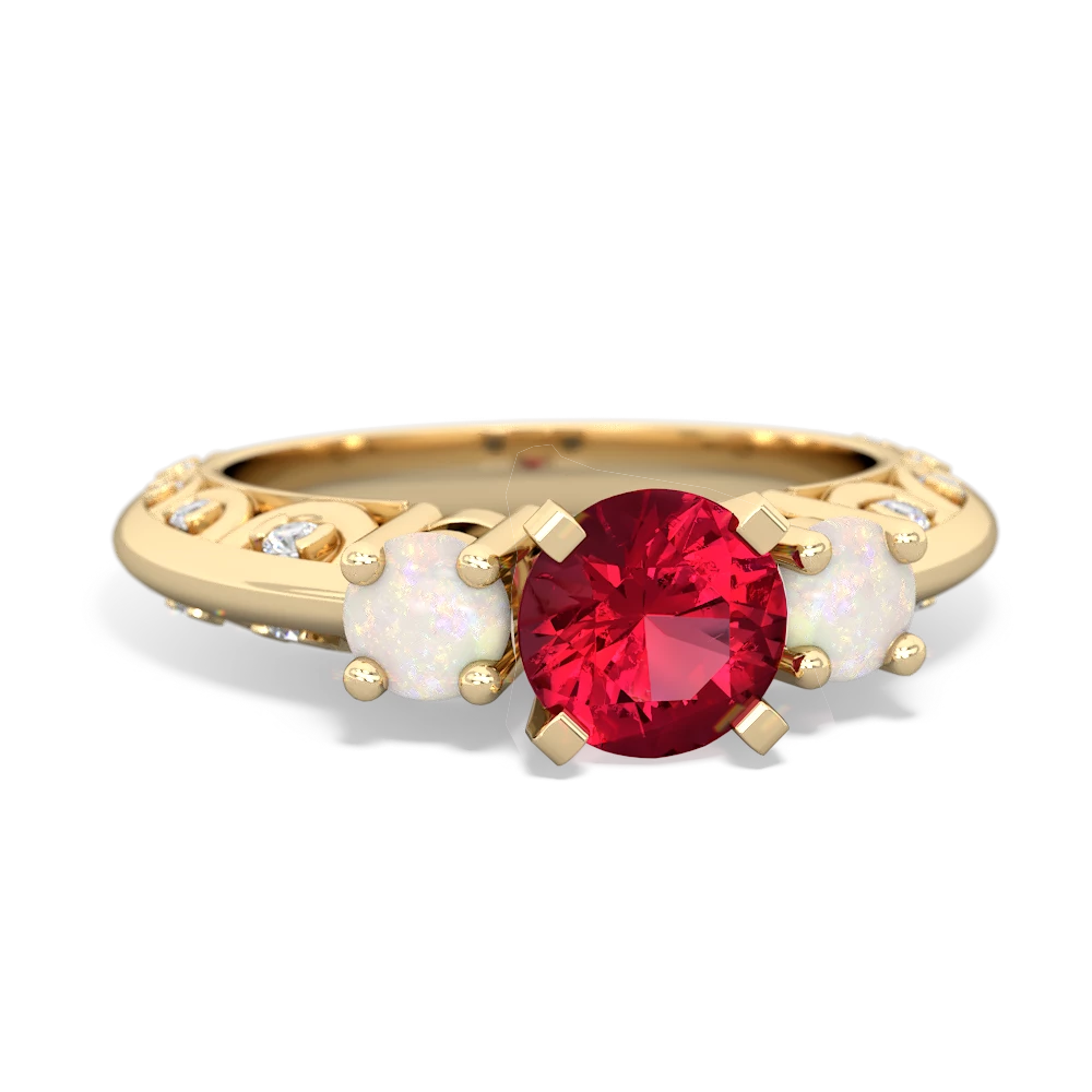 Lab Ruby Art Deco Eternal Embrace Engagement 14K Yellow Gold ring C2003