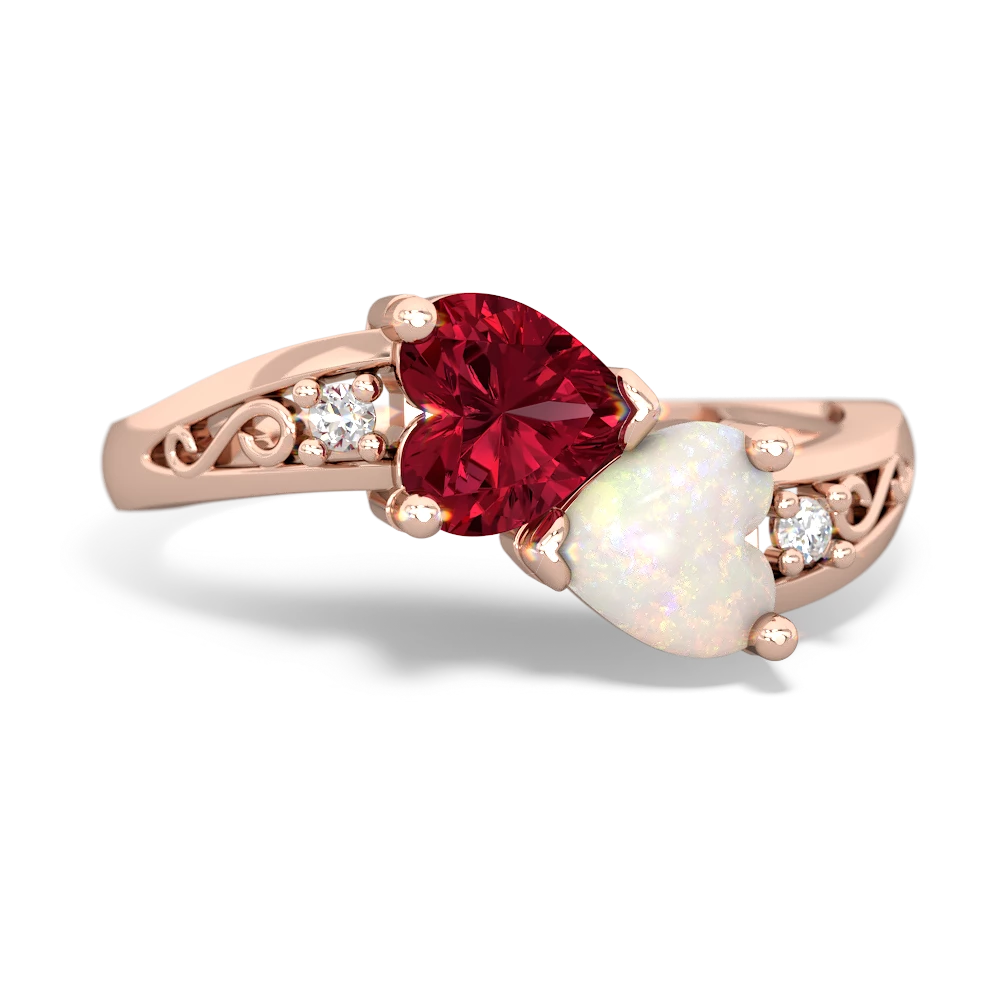 Lab Ruby Snuggling Hearts 14K Rose Gold ring R2178