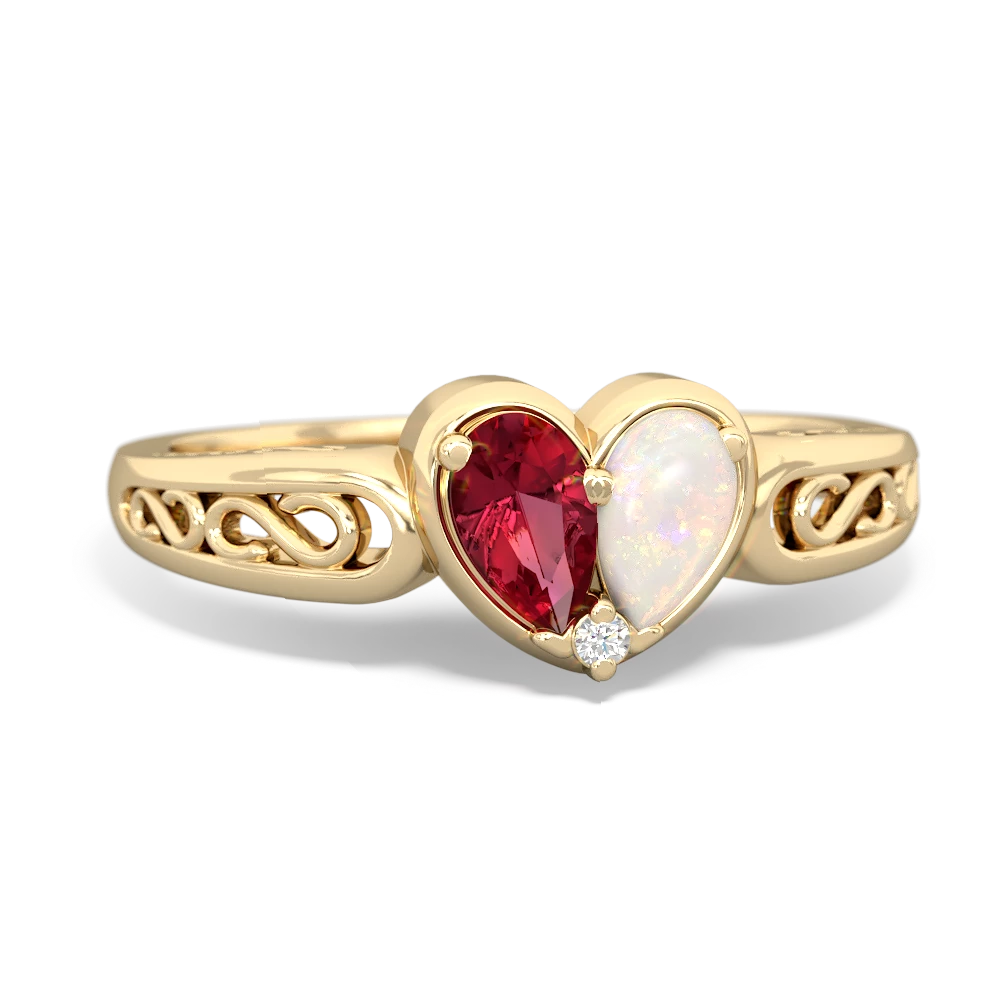 Lab Ruby Filligree 'One Heart' 14K Yellow Gold ring R5070