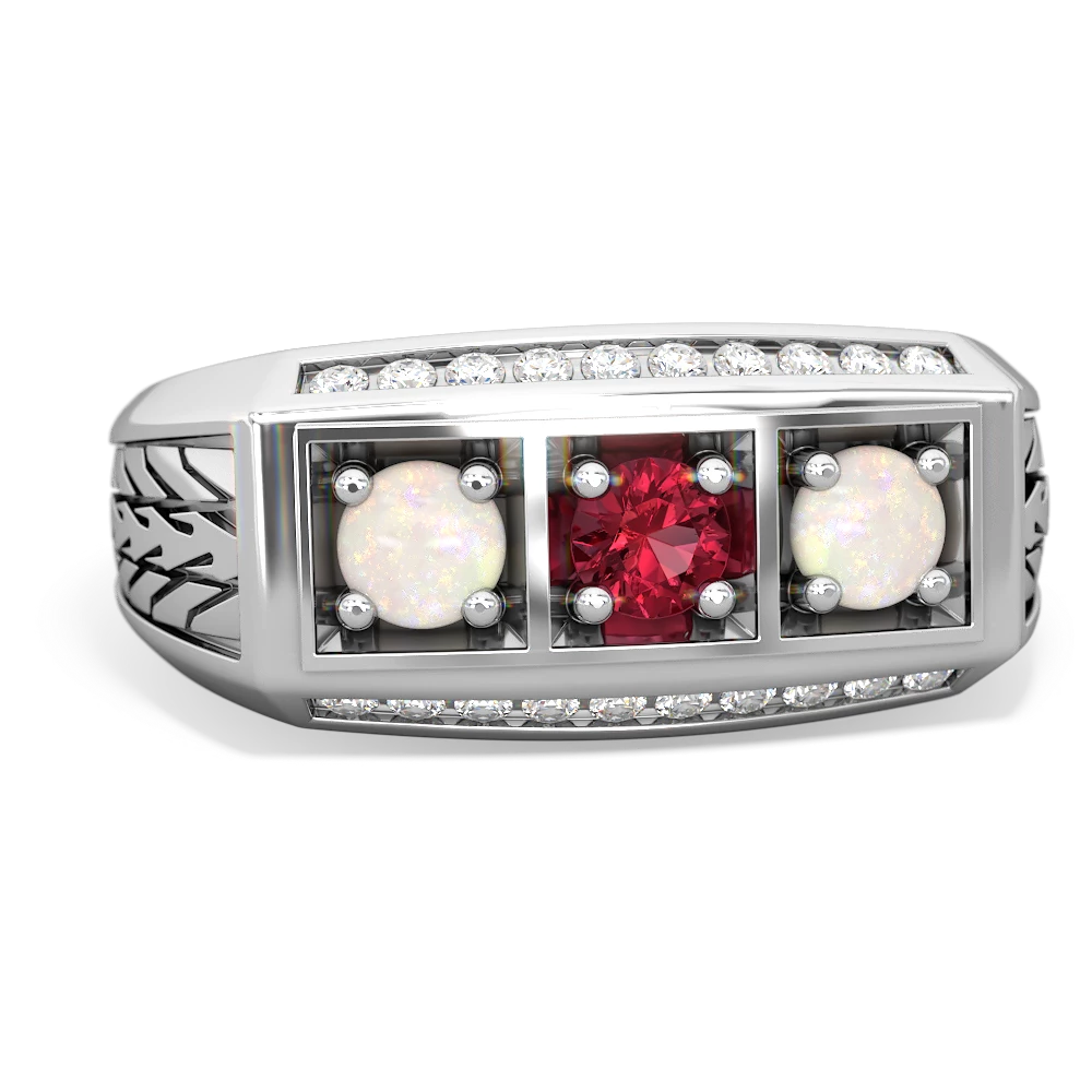 Lab Ruby Three Stone Tire Tread Men's 14K White Gold ring R0520