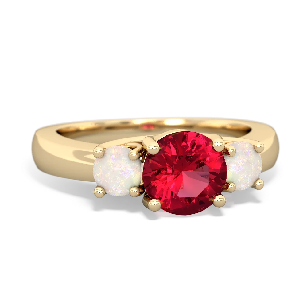 Lab Ruby Three Stone Round Trellis 14K Yellow Gold ring R4018