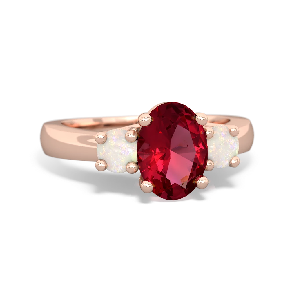 Lab Ruby Three Stone Oval Trellis 14K Rose Gold ring R4024