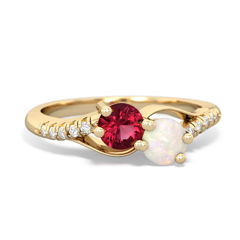 Lab Ruby Infinity Pave Two Stone 14K Yellow Gold ring R5285