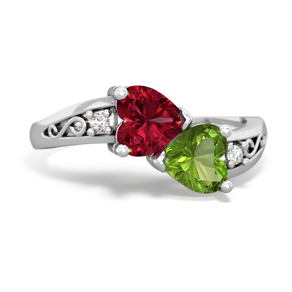 Lab Ruby Snuggling Hearts 14K White Gold ring R2178