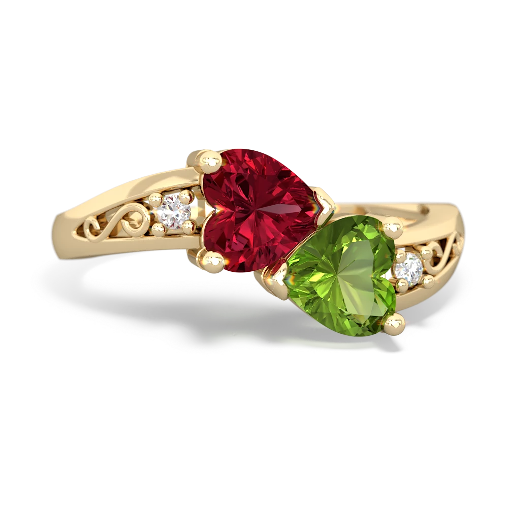 Lab Ruby Snuggling Hearts 14K Yellow Gold ring R2178