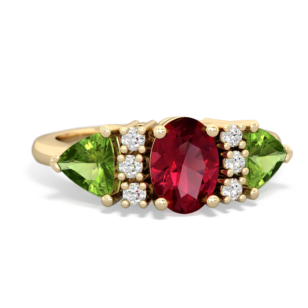 Lab Ruby Antique Style Three Stone 14K Yellow Gold ring R2186