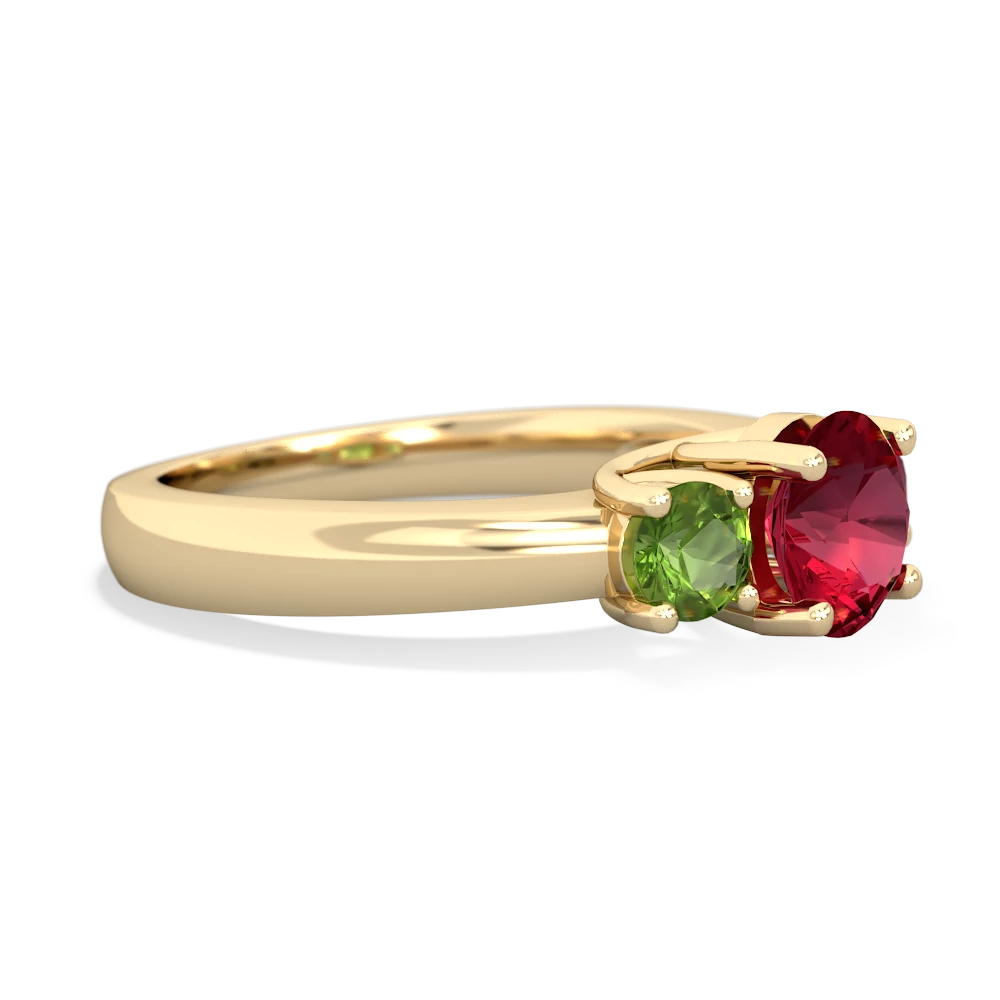 Lab Ruby Three Stone Round Trellis 14K Yellow Gold ring R4018