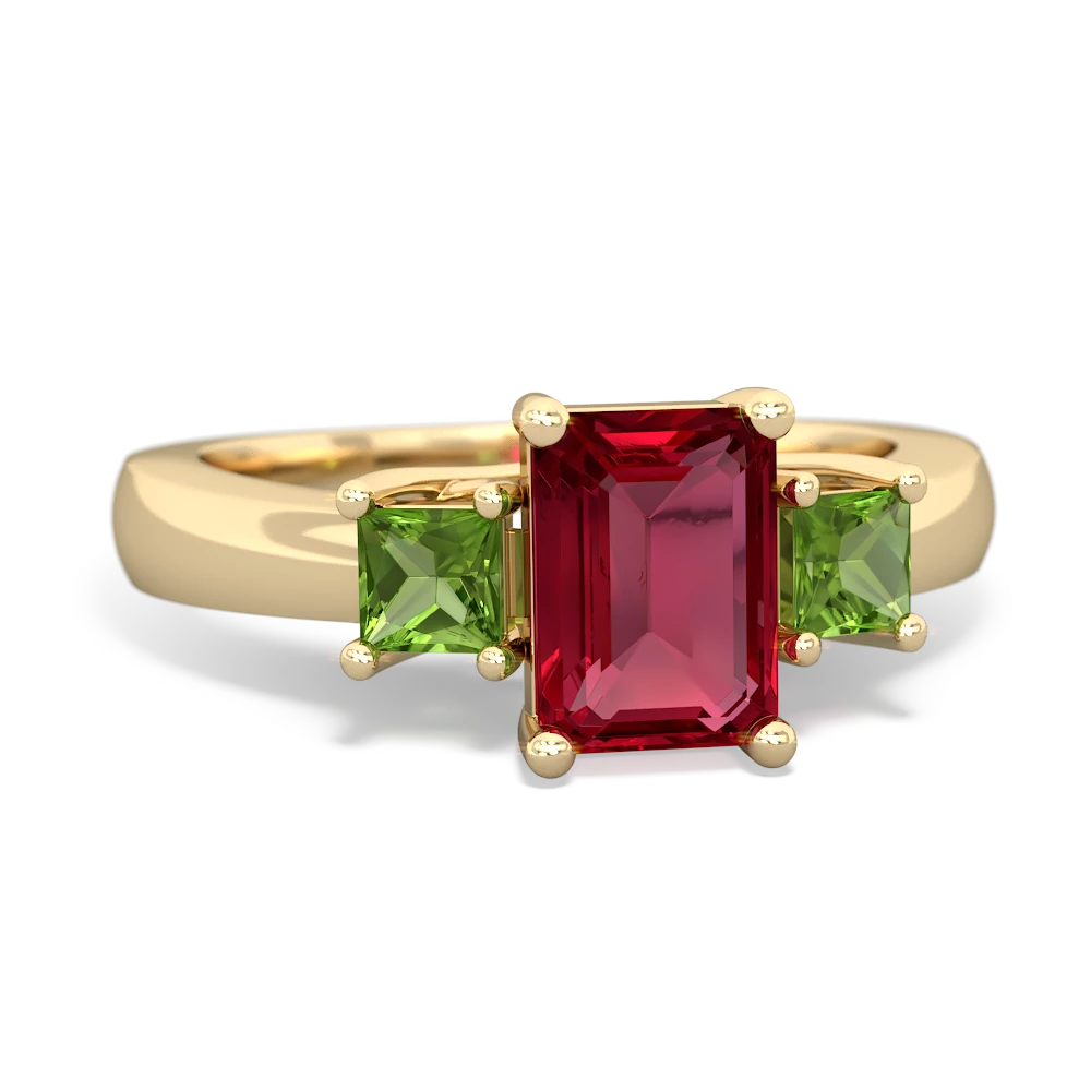 Lab Ruby Three Stone Emerald-Cut Trellis 14K Yellow Gold ring R4021