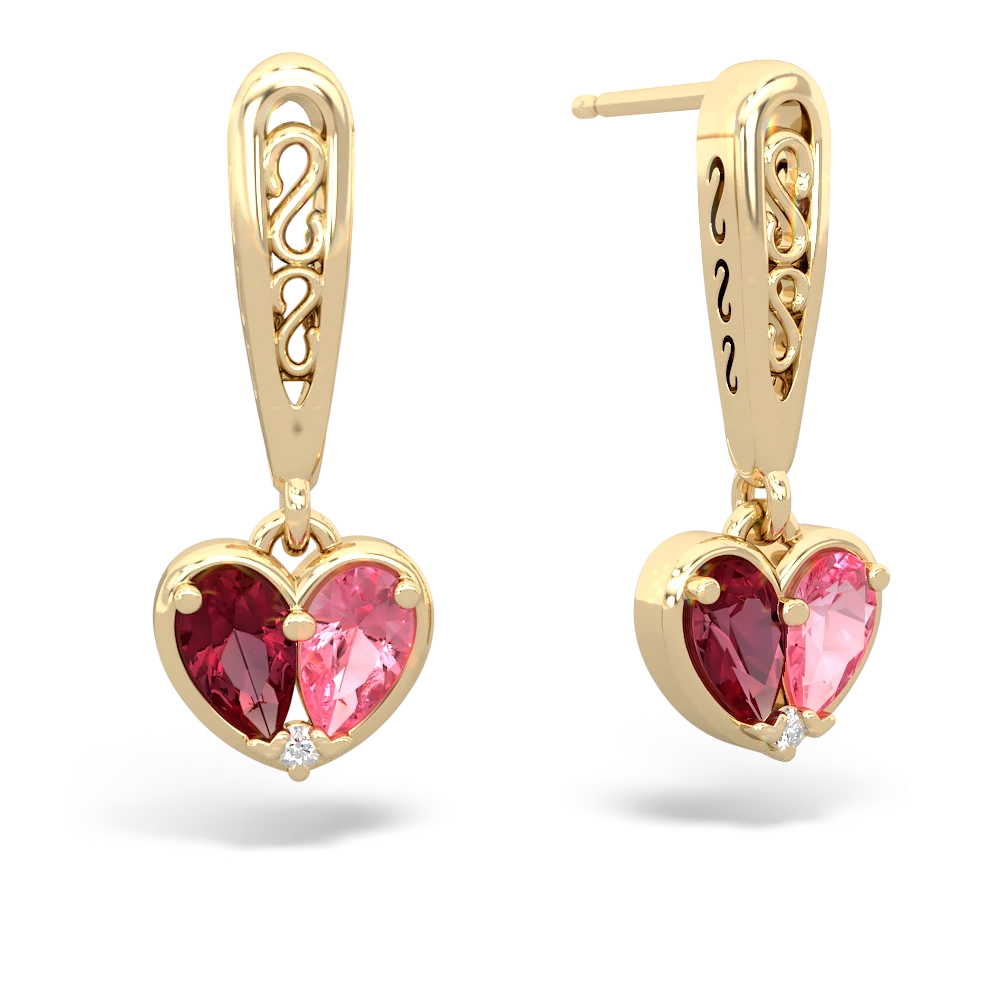 Lab Ruby Filligree Heart 14K Yellow Gold earrings E5070