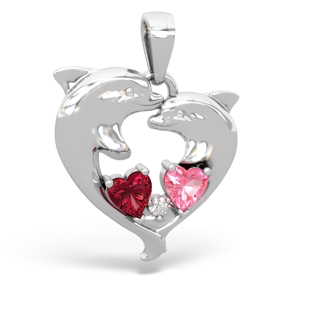 Lab Ruby Dolphin Heart 14K White Gold pendant P5820