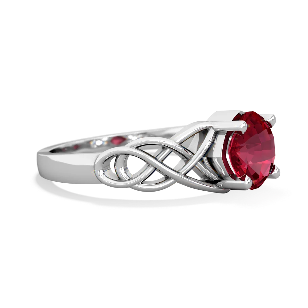 Lab Ruby Checkerboard Cushion Celtic Knot 14K White Gold ring R5000