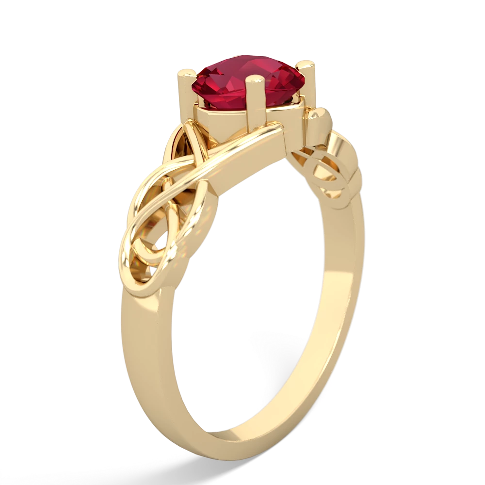 Lab Ruby Checkerboard Cushion Celtic Knot 14K Yellow Gold ring R5000