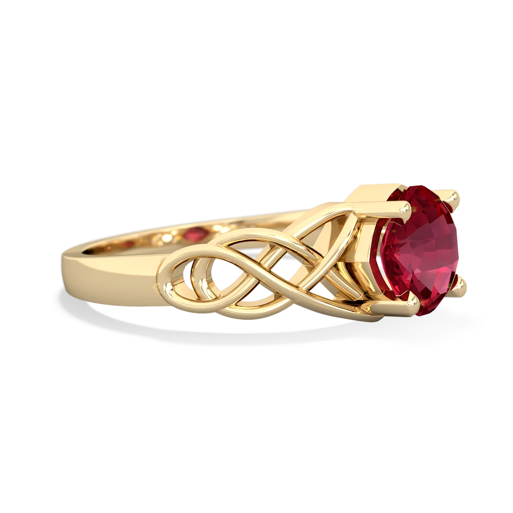 Lab Ruby Checkerboard Cushion Celtic Knot 14K Yellow Gold ring R5000